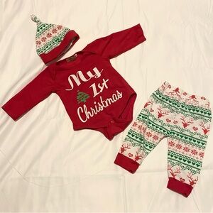 My first Christmas onesie with matching pant and hat (size 6 m)